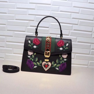 구찌 18S/S 탑핸들 자수 실비백 431665 블랙