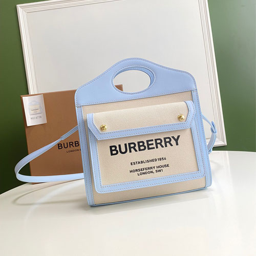 버버리 미니 투톤 캔버스 레더 포켓 백 80317461 하늘색