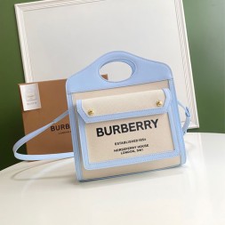 버버리 미니 투톤 캔버스 레더 포켓 백 80317461 하늘색