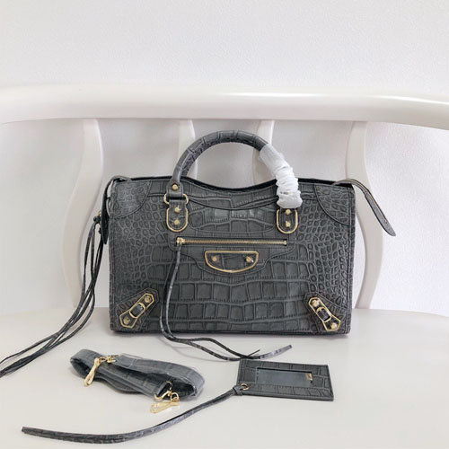 발렌시아가 클래식 라지 시티백 390A12 악어무늬 그레이