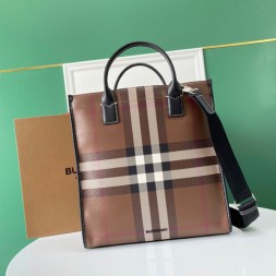 버버리 체크 E-캔버스 레더 토트 80491171