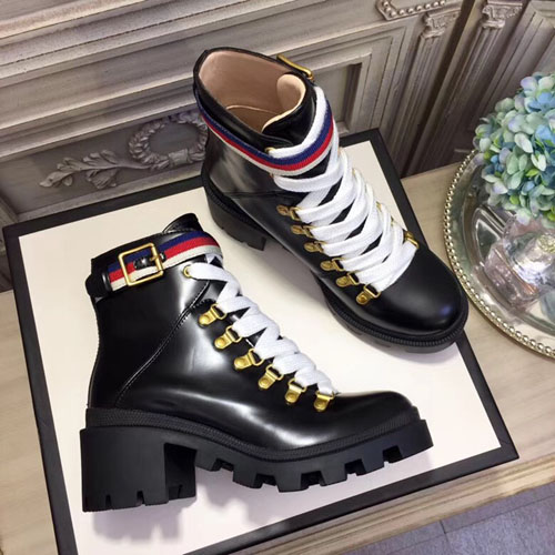 구찌 실비 웹(Web) 디테일의 가죽 앵클 부츠 481156 블랙