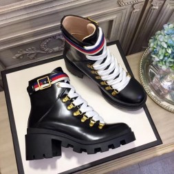 구찌 실비 웹(Web) 디테일의 가죽 앵클 부츠 481156 블랙