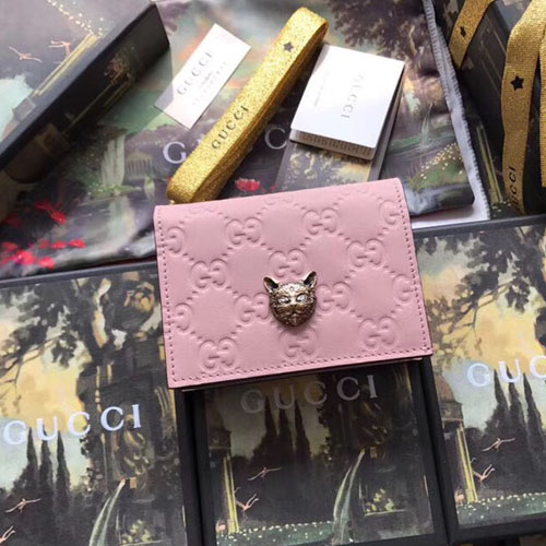 구찌 캣 장식의 시그니처 카드 케이스 548057 핑크