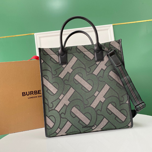 버버리 리사이클 폴리에스테르 자카드 토트 80436911 그린
