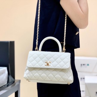 샤넬 캐비어 코코핸들 탑핸들백 스몰 A92990-6 화이트 라이트골드