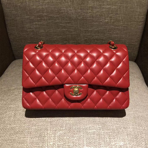 샤넬 클래식 점보백 A1112 미듐 램스킨 레드 금장