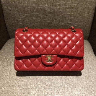 샤넬 클래식 점보백 A1112 미듐 램스킨 레드 금장