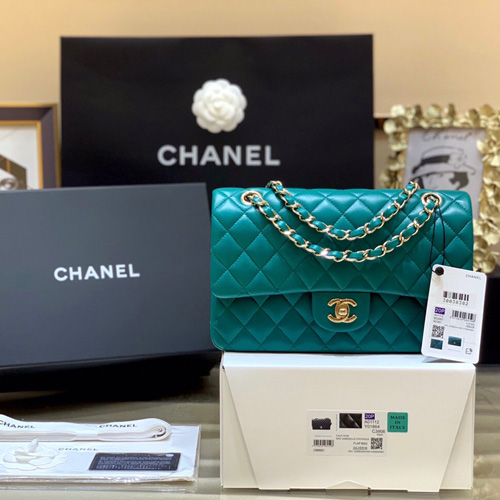 샤넬 클래식 미듐 점보백 A1112 램스킨 청록색 ++