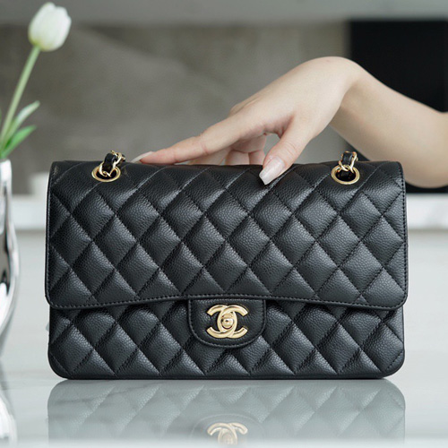 샤넬 점보백 미듐 A1112 캐비어 블랙 금장