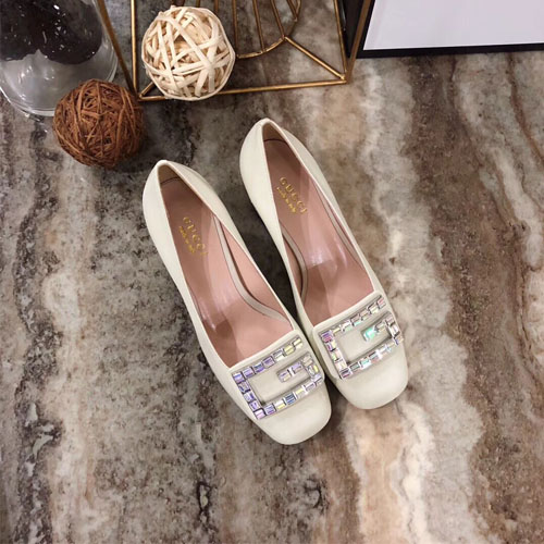 구찌 크리스털 G 장식의 가죽 미드힐 펌프스 522697 화이트