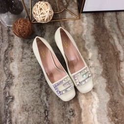 구찌 크리스털 G 장식의 가죽 미드힐 펌프스 522697 화이트