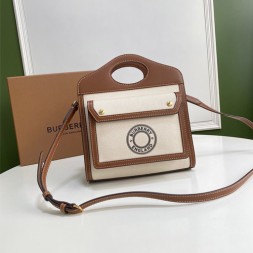 버버리 미니 투톤  캔버스 레더 포켓 백 80317461 브라운