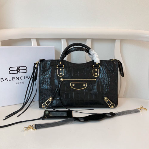 발렌시아가 클래식 라지 시티백 390A12 악어무늬 블랙