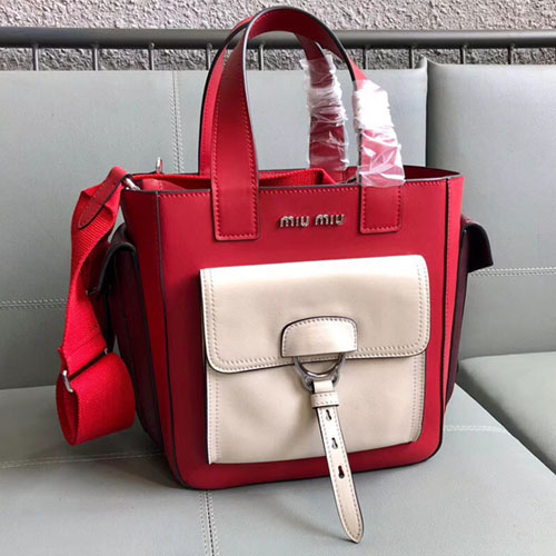 미우미우 18S/S 가죽 포켓 토트백 5BA070 레드&화이트