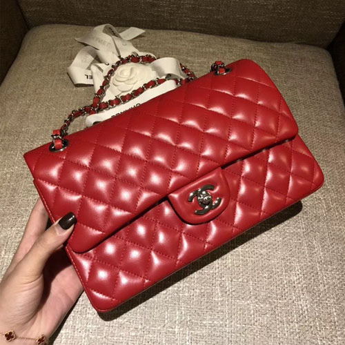 샤넬 클래식 점보백 A1112 미듐 램스킨 레드 은장