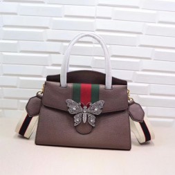 구찌 나비 디테일의 가죽 탑 핸들 백 505342 브라운