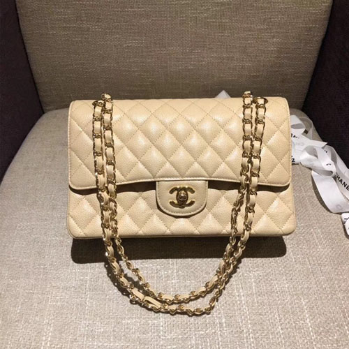 샤넬 클래식 점보백 A1112 미듐 캐비어 베이지 금장