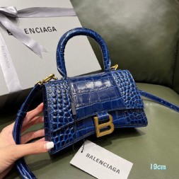 발렌시아가 아워글래스 탑 핸들 백 XS 592833 악어무늬 블루 금장